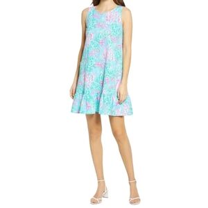 Lilly Pulitzer Kristen Flounce Dress Blue Pink Green fish Coral Print Ruffled He